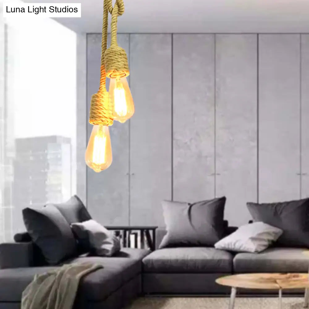 Vintage Beige Rope Pendant Lamp With Exposed Bulbs - 2-Light Cluster For Living Room