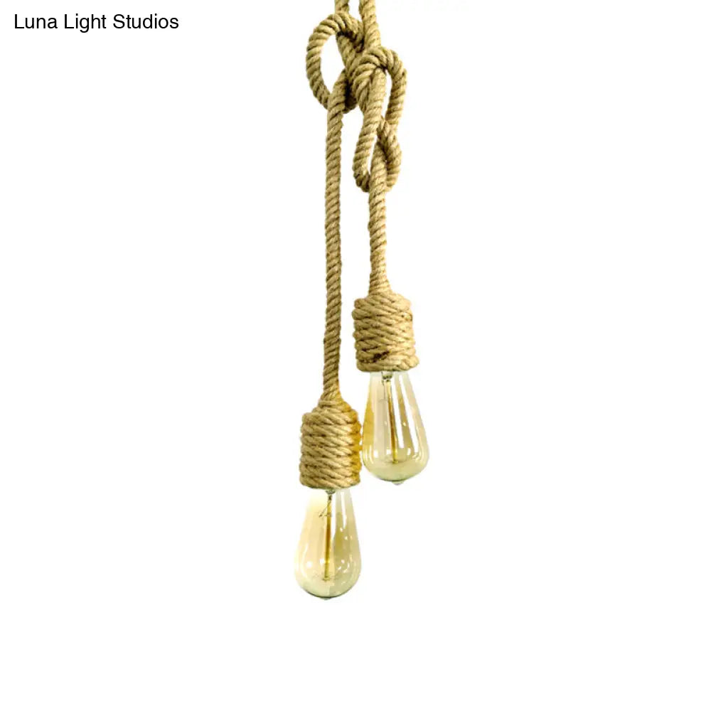 Vintage Beige Rope Pendant Lamp With Exposed Bulbs - 2-Light Cluster For Living Room