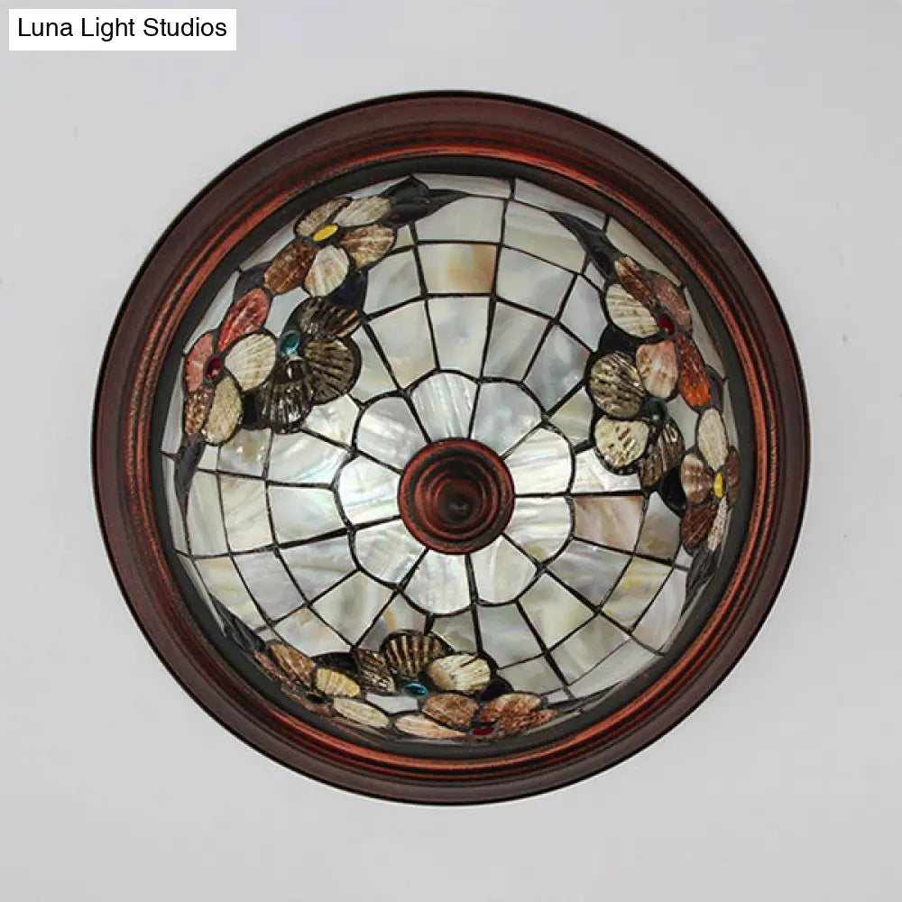 Vintage Beige Stained Glass Flushmount Ceiling Light With Flower Pattern - 1 Bulb
