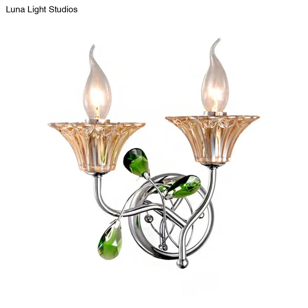 Vintage Bell Amber Glass Sconce Lamp - Stylish Chrome Wall Light With Green Teardrop Crystal Deco