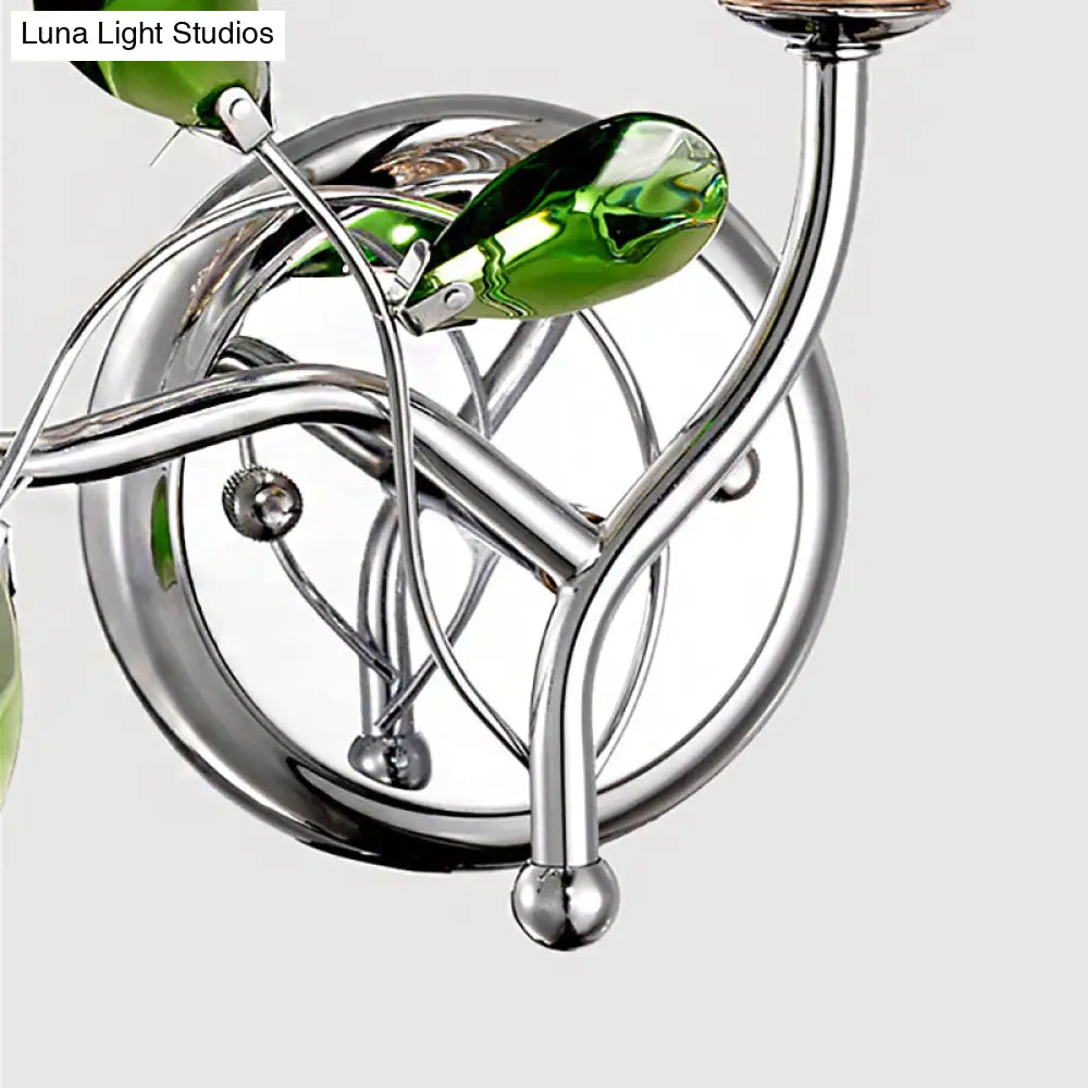 Vintage Bell Amber Glass Sconce Lamp - Stylish Chrome Wall Light With Green Teardrop Crystal Deco