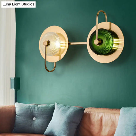 Vintage Bell Metal Wall Lighting Sconce In Gold With Green Prismatic Glass Shade