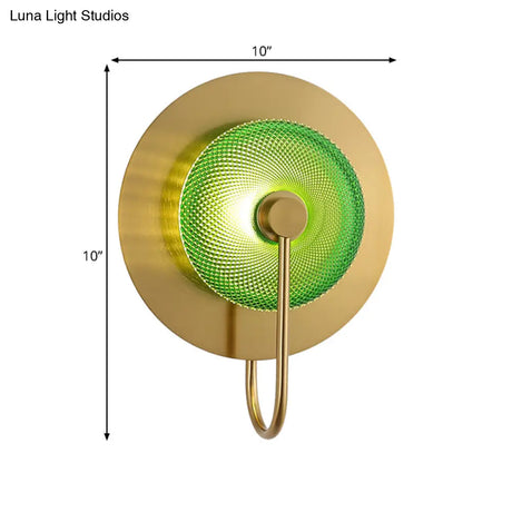 Vintage Bell Metal Wall Lighting Sconce In Gold With Green Prismatic Glass Shade