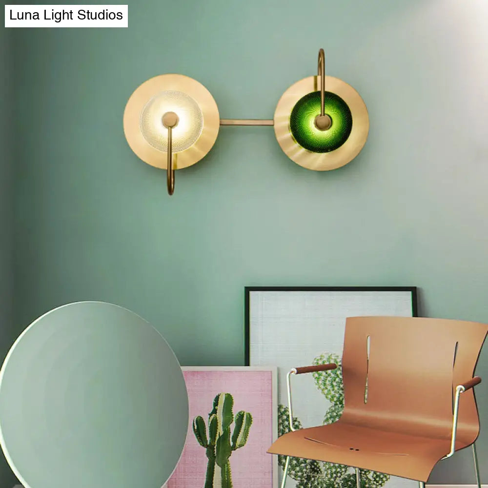 Vintage Bell Metal Wall Lighting Sconce In Gold With Green Prismatic Glass Shade
