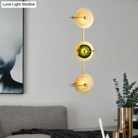 Vintage Bell Metal Wall Lighting Sconce In Gold With Green Prismatic Glass Shade