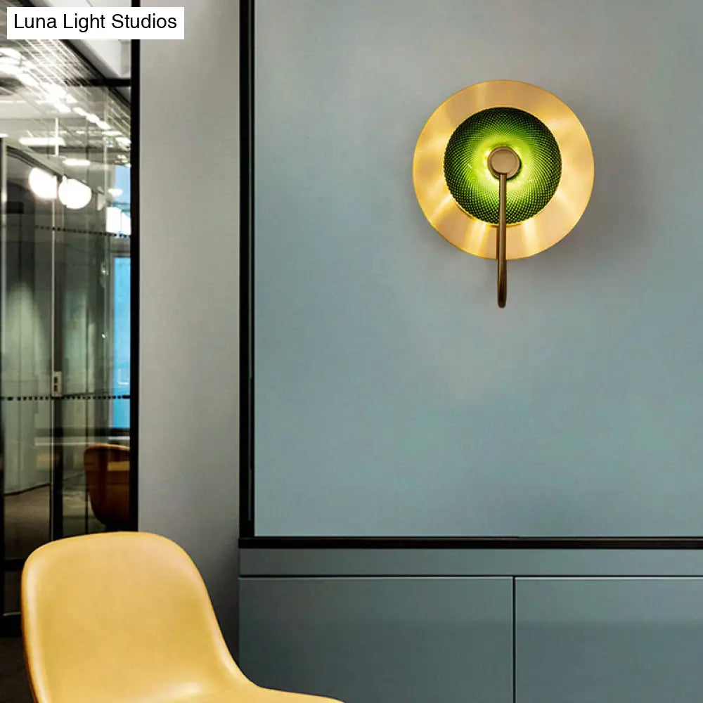 Vintage Bell Metal Wall Lighting Sconce In Gold With Green Prismatic Glass Shade