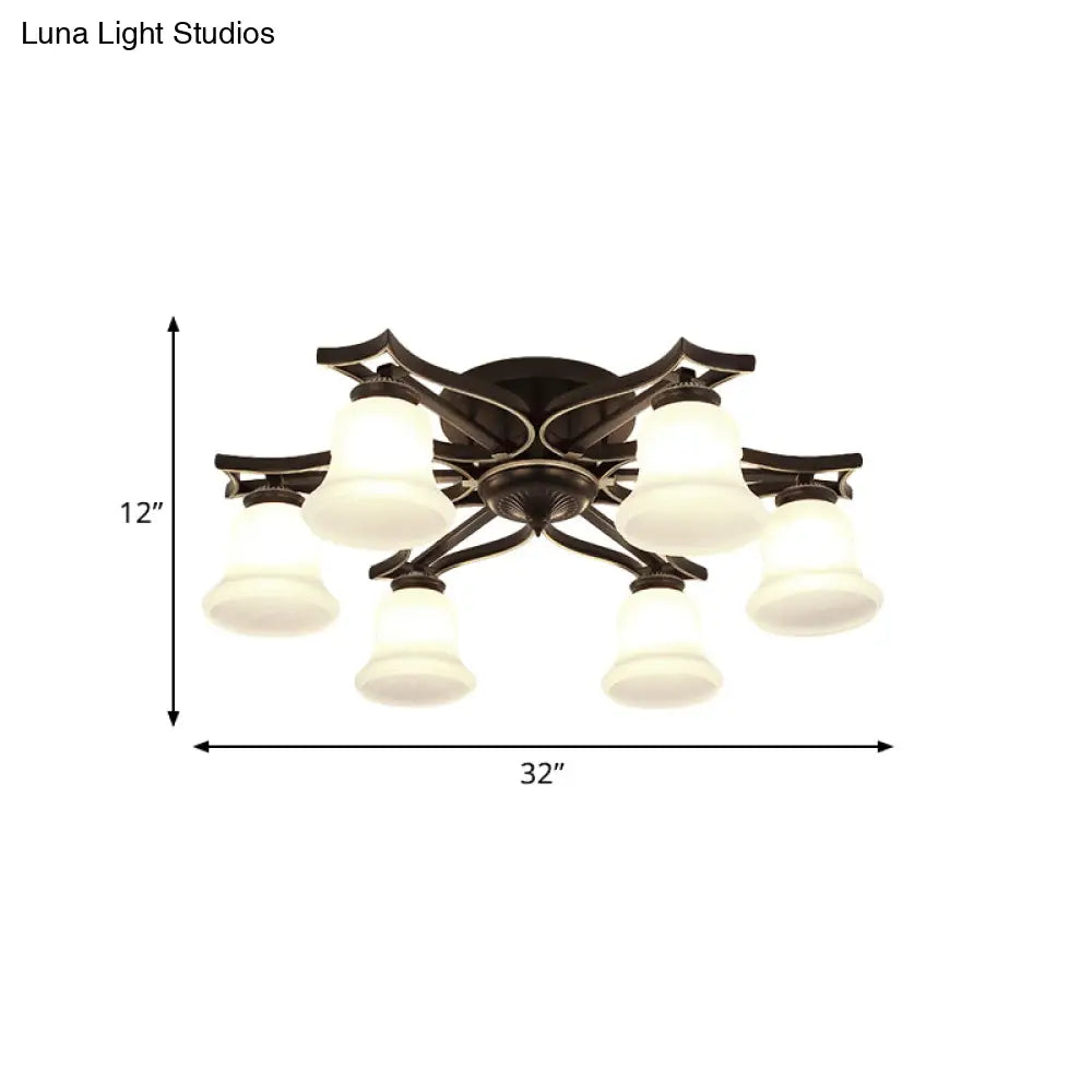 Vintage Bell Milk White Glass Flushmount Lighting: 6 - Bulb Ceiling Mounted Fixture In Black