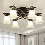 Vintage Bell Milk White Glass Flushmount Lighting: 6 - Bulb Ceiling Mounted Fixture In Black