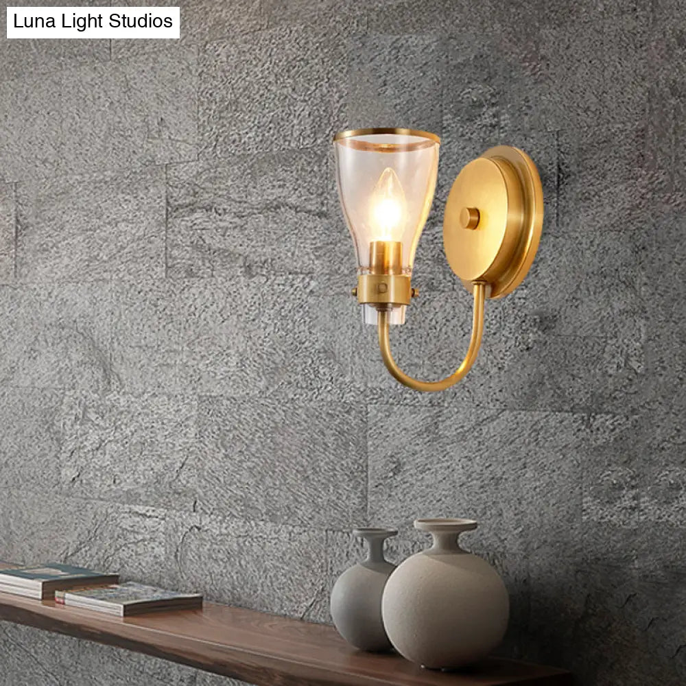 Vintage Bell Wall Mount 1-Light Brass Lamp Sconce With Clear Glass Shade - Indoor Lighting
