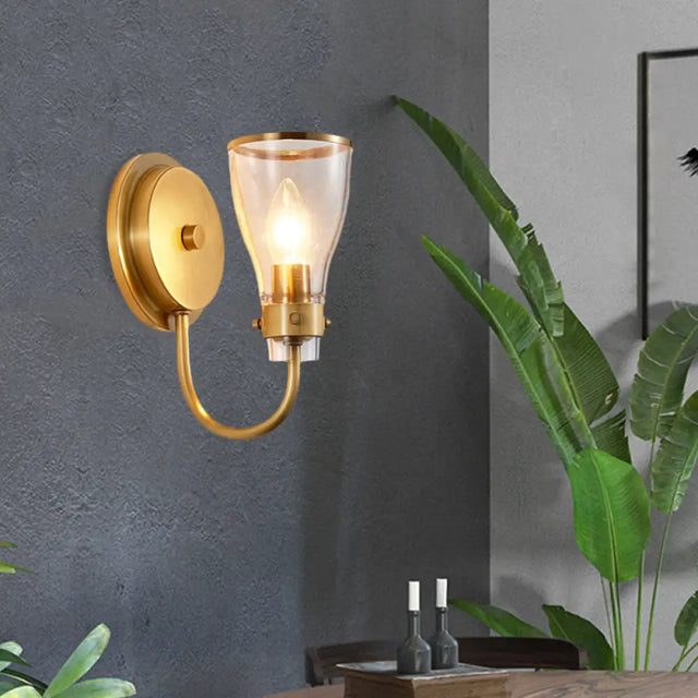 Vintage Bell Wall Mount 1-Light Brass Lamp Sconce With Clear Glass Shade - Indoor Lighting