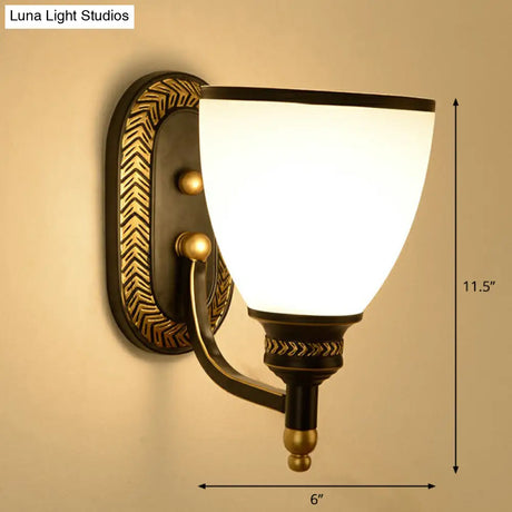 Vintage Bell Wall Sconce Lighting With Opal Glass Shade - Black Corridor Mounted Lamp