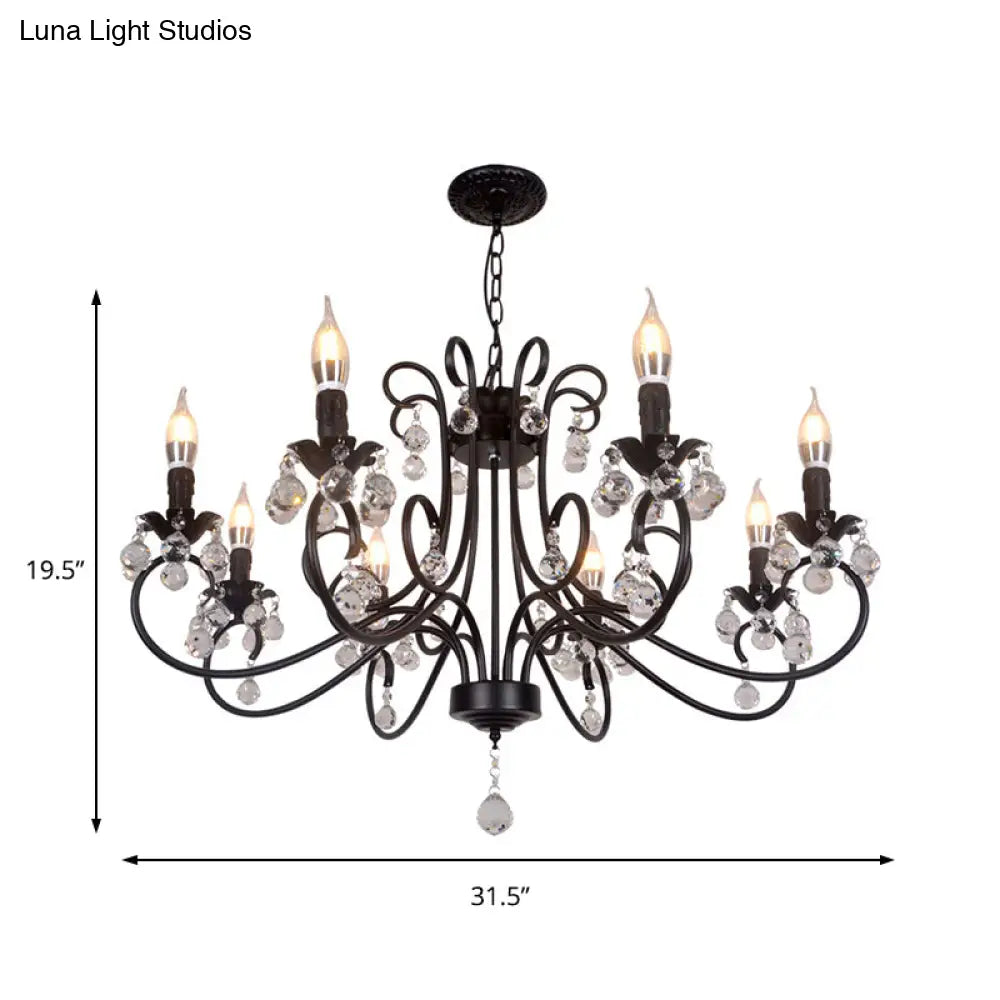 Vintage Bent Arm Frame Ceiling Light - 6/8 Black Lights With Crystal Drop For Living Room