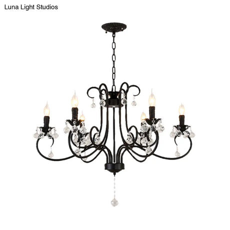 Vintage Bent Arm Frame Ceiling Light - 6/8 Black Lights With Crystal Drop For Living Room