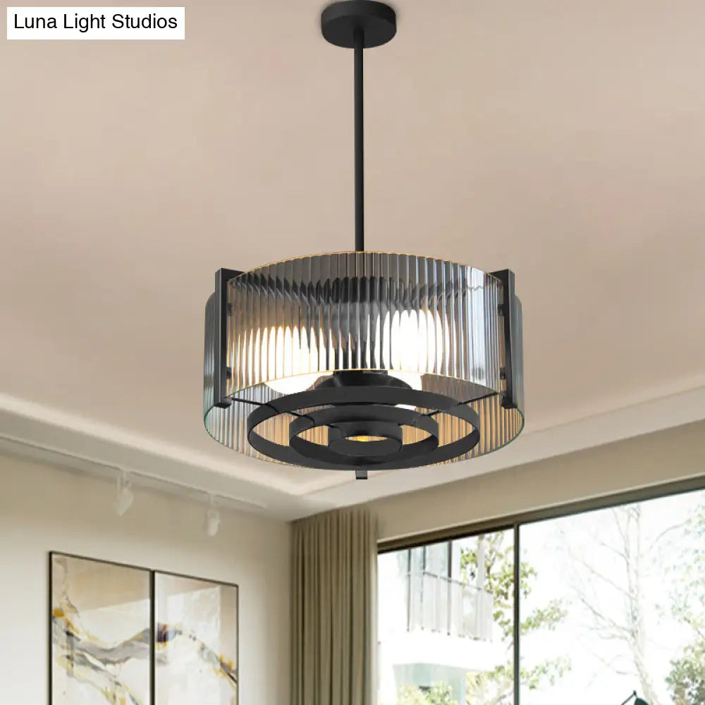 Vintage Black 3-Head Semi Flush Mount Ceiling Lamp With Clear Glass Drum And Trellis/Stripe Design