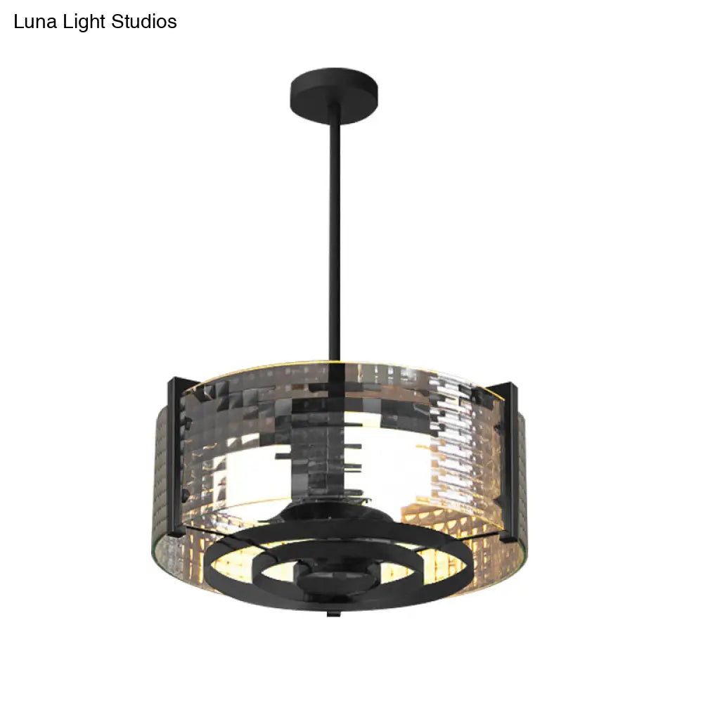 Vintage Black 3-Head Semi Flush Mount Ceiling Lamp With Clear Glass Drum And Trellis/Stripe Design