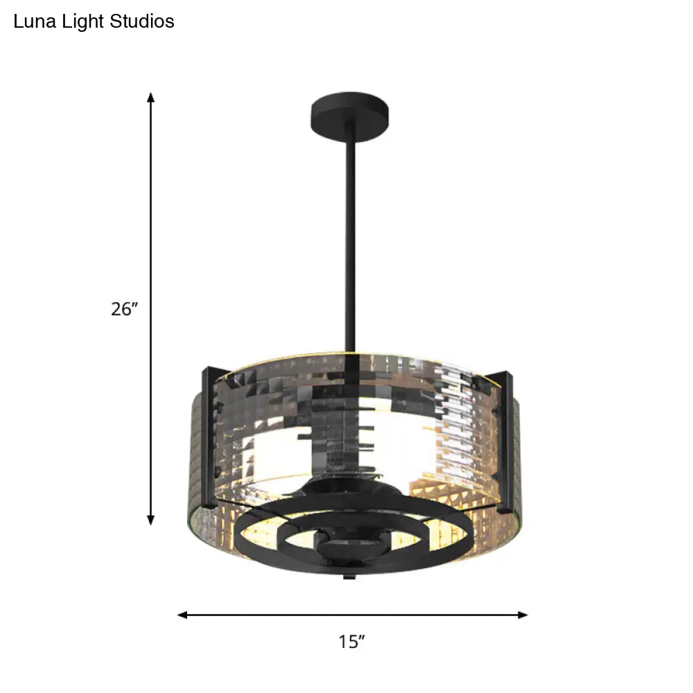Vintage Black 3-Head Semi Flush Mount Ceiling Lamp With Clear Glass Drum And Trellis/Stripe Design
