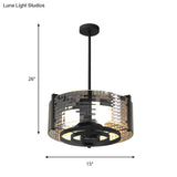 Vintage Black 3-Head Semi Flush Mount Ceiling Lamp With Clear Glass Drum And Trellis/Stripe Design