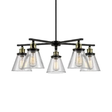 Vintage Black 5-Light Chandelier Pendant With Clear Glass Cone Shades For Dining Room Lighting