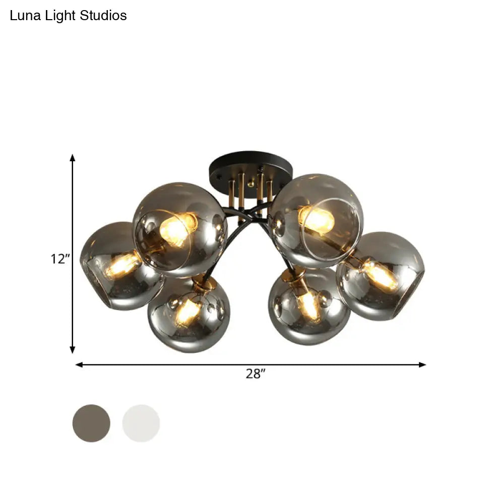 Vintage Black 6 - Head Hotel Ceiling Light With Orb Smoke/Clear Glass Shade