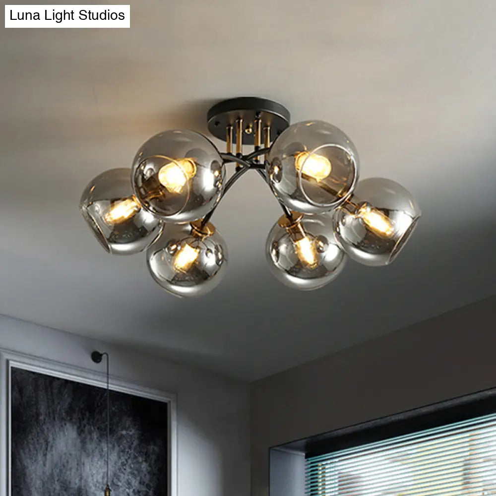 Vintage Black 6 - Head Hotel Ceiling Light With Orb Smoke/Clear Glass Shade