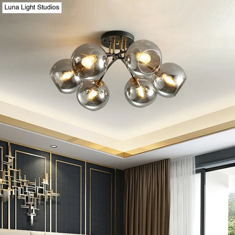 Vintage Black 6 - Head Hotel Ceiling Light With Orb Smoke/Clear Glass Shade