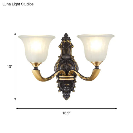 Vintage Black And Gold Frosted White Glass Wall Sconce For Bedroom - 1/2-Bulb Bell Mount Light