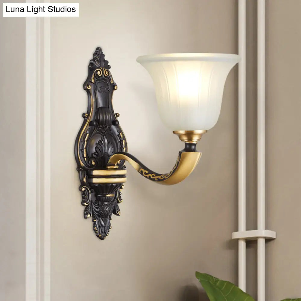 Vintage Black And Gold Frosted White Glass Wall Sconce For Bedroom - 1/2-Bulb Bell Mount Light