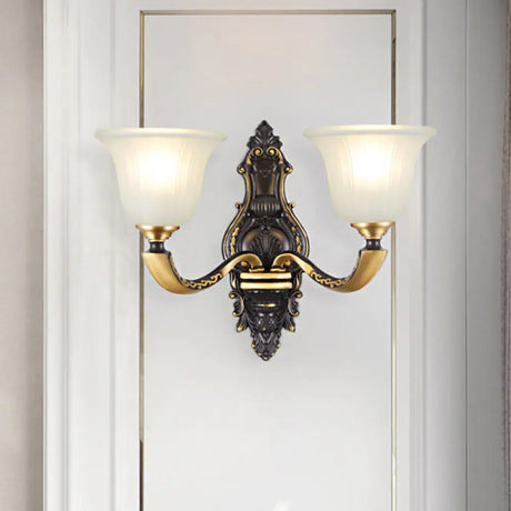 Vintage Black And Gold Frosted White Glass Wall Sconce For Bedroom - 1/2-Bulb Bell Mount Light 2 /