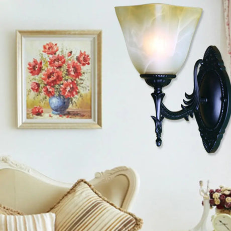 Vintage Black Bell Frost Glass Wall Light Fixture With Single Bulb For Corridor / C