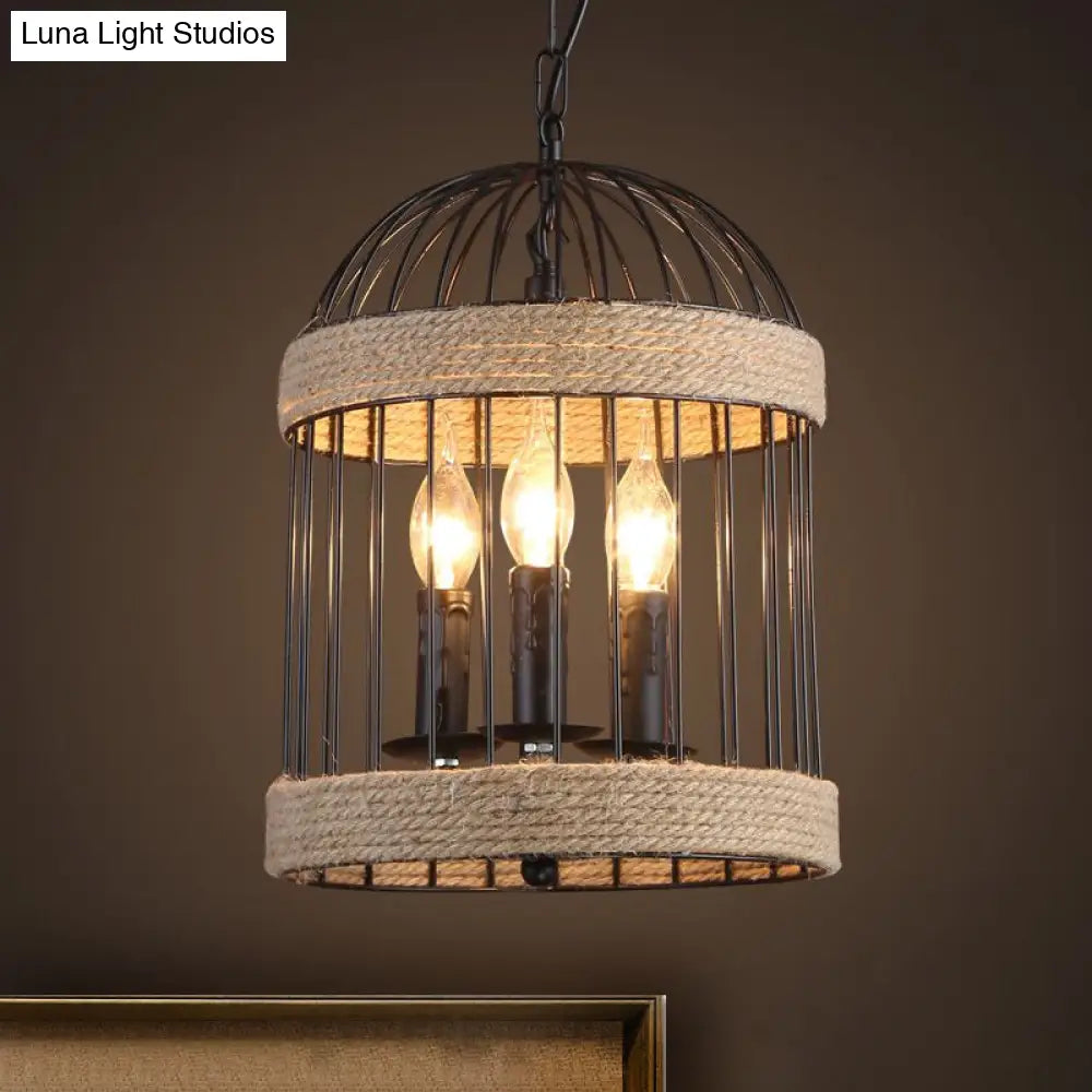Vintage Black Birdcage Ceiling Light With Chain - Metal And Rope Hanging Lamp For Dining Room
