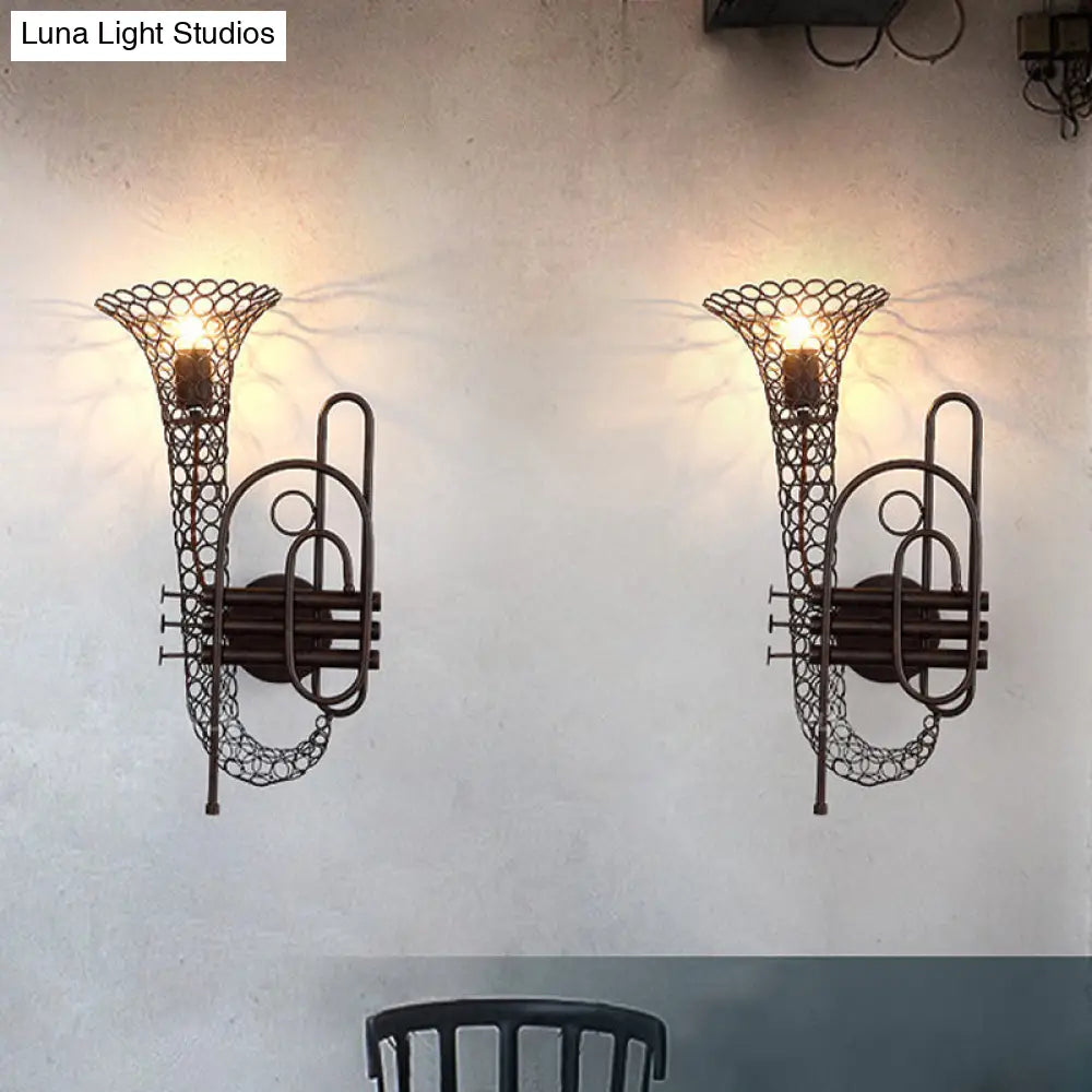 Vintage Black/Brass Iron Wall Sconce Lighting: 1-Light Saxophone Mount Lamp For Bedroom