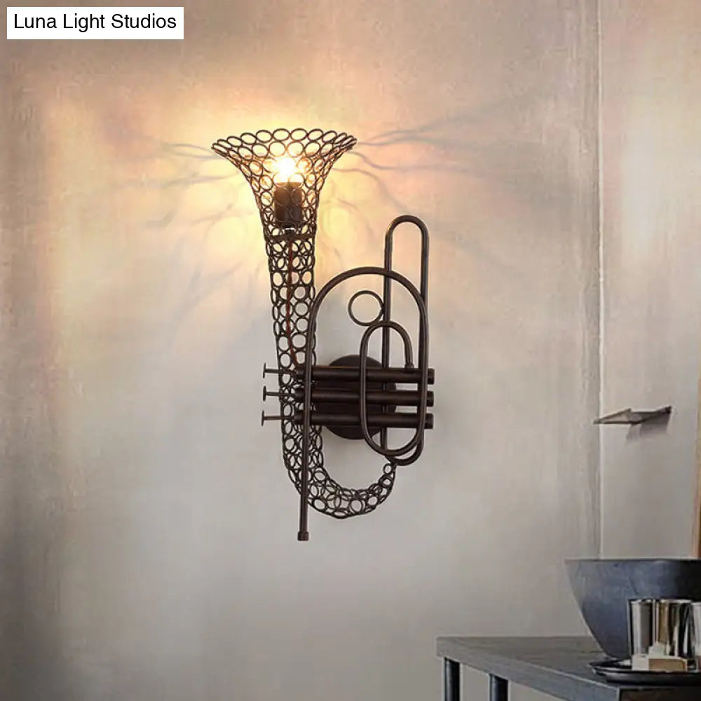 Vintage Black/Brass Iron Wall Sconce Lighting: 1-Light Saxophone Mount Lamp For Bedroom