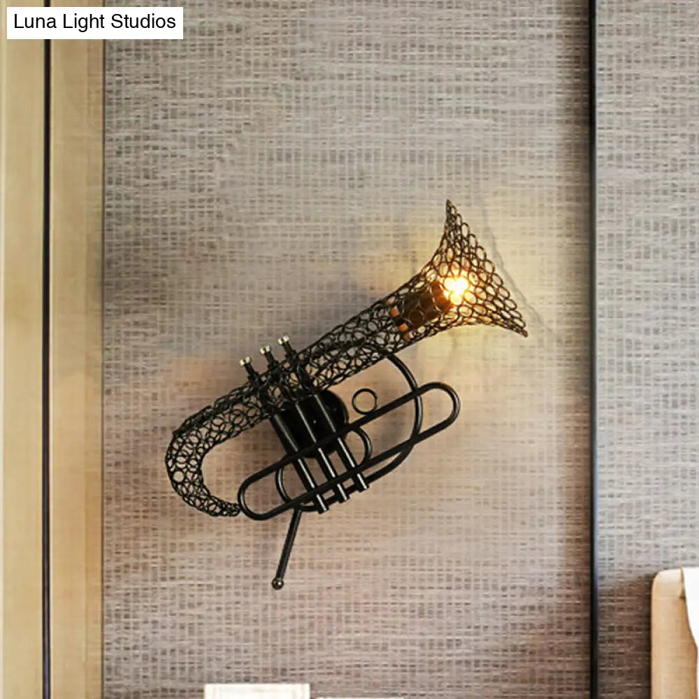 Vintage Black/Brass Iron Wall Sconce Lighting: 1-Light Saxophone Mount Lamp For Bedroom