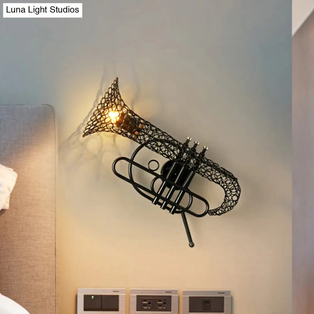 Vintage Black/Brass Iron Wall Sconce Lighting: 1-Light Saxophone Mount Lamp For Bedroom