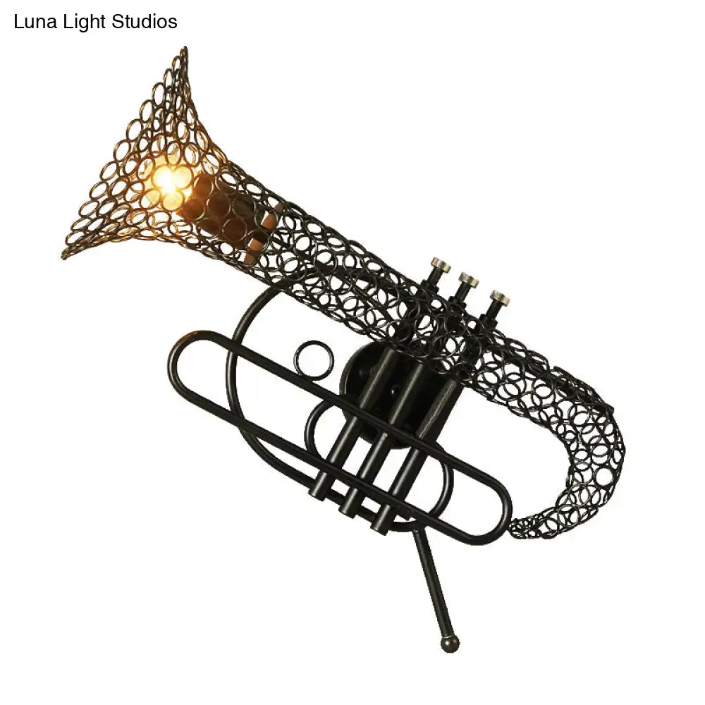 Vintage Black/Brass Iron Wall Sconce Lighting: 1-Light Saxophone Mount Lamp For Bedroom