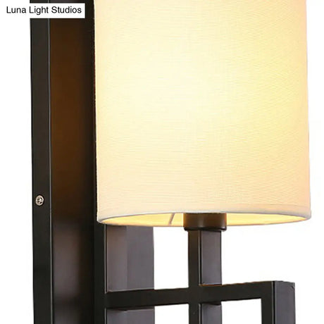Vintage Black/Bronze Wall Sconce With Fabric Cylinder Shade For Hallway Lighting