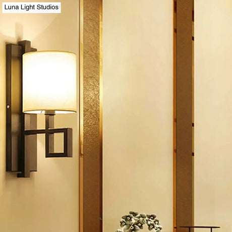 Vintage Black/Bronze Wall Sconce With Fabric Cylinder Shade For Hallway Lighting