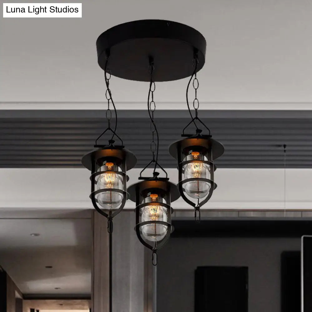 Vintage Black Caged Glass Multi Pendant 3-Light Fixture For Living Room - Round Canopy Hangs With