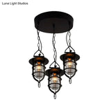 Vintage Black Caged Glass Multi Pendant 3-Light Fixture For Living Room - Round Canopy Hangs With