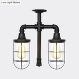 Vintage Black Caged Semi Flush Mount Ceiling Lamp With Clear Glass - 2 Heads Lighting