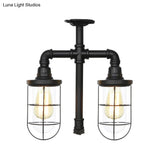 Vintage Black Caged Semi Flush Mount Ceiling Lamp With Clear Glass - 2 Heads Lighting