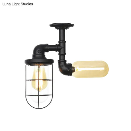 Vintage Black Ceiling Mounted Light With Clear Glass Orb And Cage For Corridors (2 Lights)