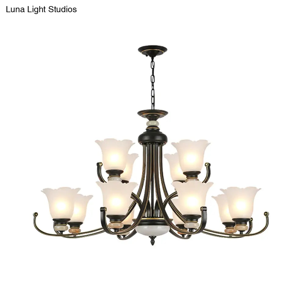 Vintage Black Chandelier: Flower White Glass Ceiling Light 3/6/8 Lights For Bedroom Fixture