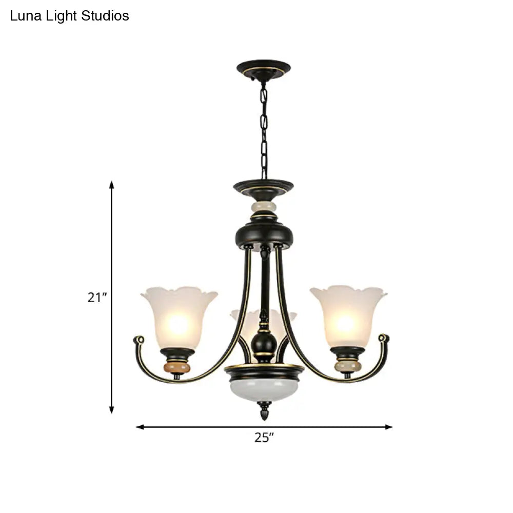 Vintage Black Chandelier: Flower White Glass Ceiling Light 3/6/8 Lights For Bedroom Fixture