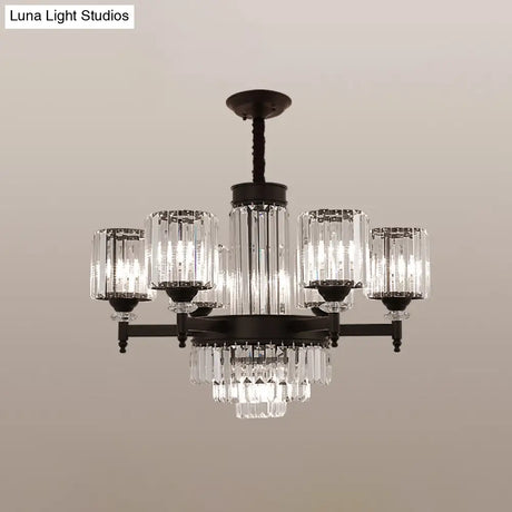 Vintage Black Crystal Chandelier - Elegant Rectangular-Cut Cylinder Pendant Light