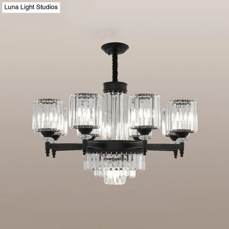 Vintage Black Crystal Chandelier - Elegant Rectangular-Cut Cylinder Pendant Light
