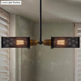 Vintage Black Cylinder Chandelier Lamp: Mesh Shade Iron Frame 2-Light Pendant