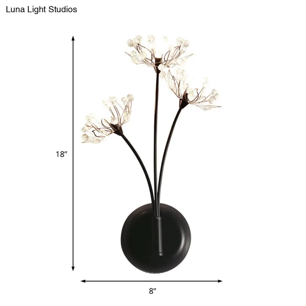 Vintage Black Dandelion Sconce Light With 3 Crystal Wall Lights For Stairway