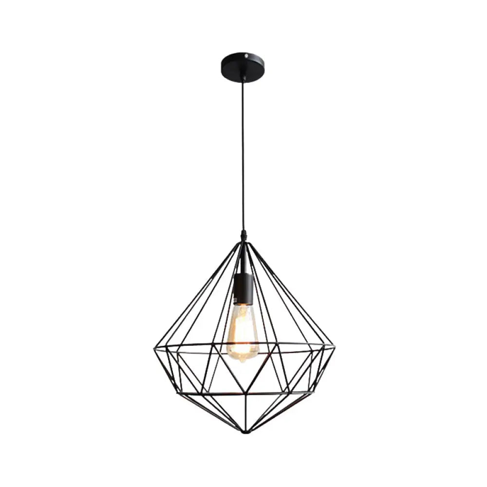 Vintage Black Diamond Cage Iron Hanging Lamp - Single-Bulb Dining Room Light / C