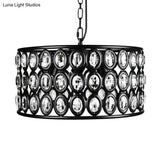 Vintage Black Drum Ceiling Lamp: Metal And Crystal Chandelier With 3 Lights For Living Room